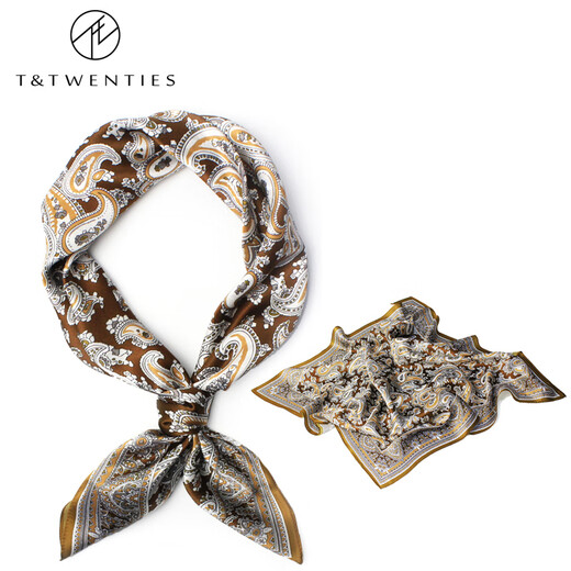 T&Twenties新款真丝男士缎面丝巾围脖冬季桑蚕丝脖子方巾复古腰果花蓝色灰色 真丝方巾 7029 浪漫.金棕佩斯利