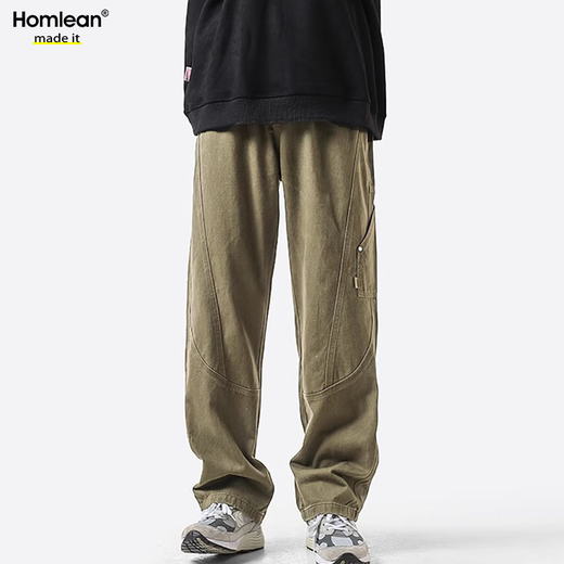 Homlean American pure cotton casual pants men's spring and summer niche trendy brand retro loose workwear long pants HS60 Khaki XL