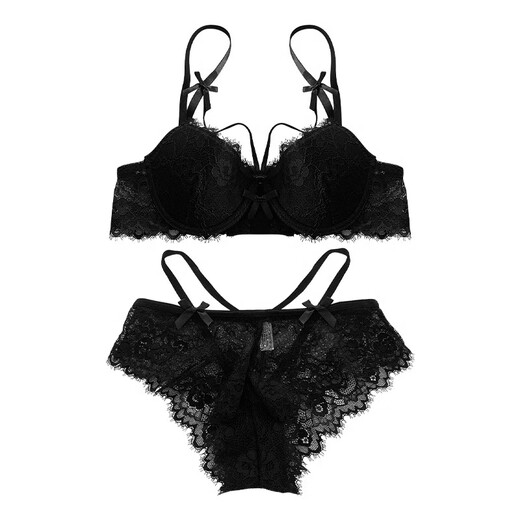 Urban Beauty French Sexy Lace Pure Desire Big Breast Revealing Small Push-up Underwear Set Bra Hollow Internet Celebrity Bow Bra Black Pink Set + Black Set 75AM Code (34BC Tong Cup) One Size