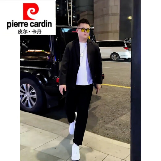 Pierre Cardin spring and autumn slimming outfit for slightly fat boys with light and sophisticated style small blazer for fat men, large size casual woolen suit, black suit + white T-shirt + black trousers M recommended 95-120 Jin Jin equals 0.5 kg