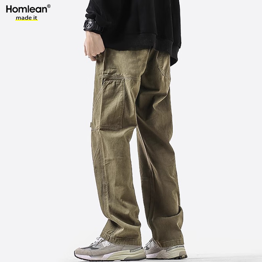 Homlean American pure cotton casual pants men's spring and summer niche trendy brand retro loose workwear long pants HS60 Khaki XL