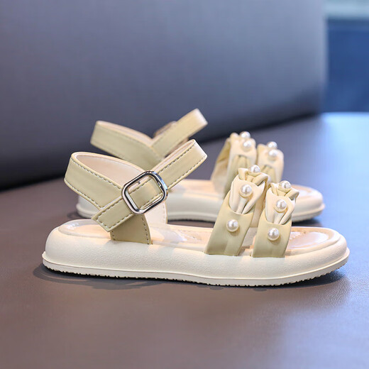 Girls Sandals 2025 New Spring and Autumn Children's Student Pearl Casual Girls Summer Soft Soled Sandals Black 34 Inner Length 21cm