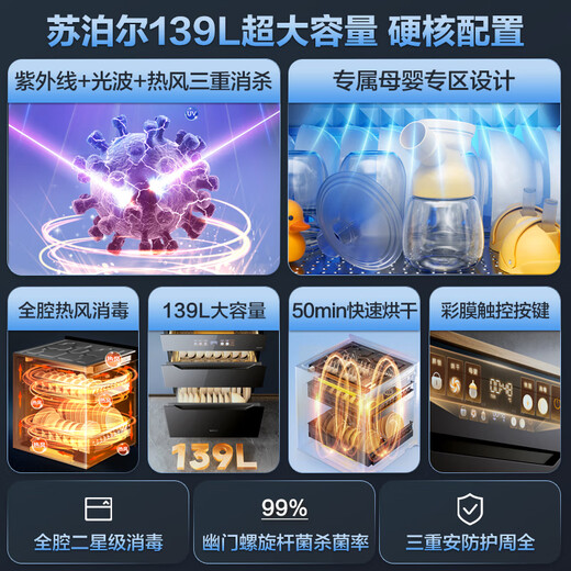 SUPOR home appliances state subsidy up to 15% disinfection cupboard built-in two-star three-door three-pull household 139L maternal and child ultraviolet light wave hot air triple disinfection ZTD130-DQ13