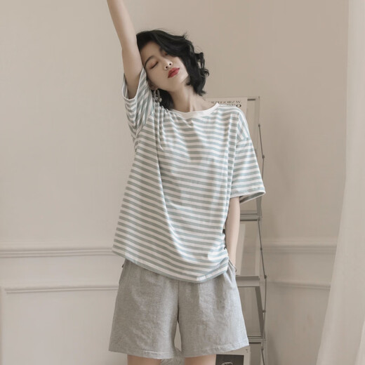 Fat Donglai 2025 new pajamas for women summer pure cotton short-sleeved two-piece summer striped home clothes YZT9854 L women's recommended 100120Jin Jin equals 0.5 kg