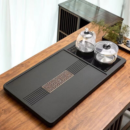 Synthetic black gold stone tea tray, household tea table, kettle, one-piece office fully automatic set, one-piece stone tea tray, 80*45 length + bottom water glass furnace (one piece)