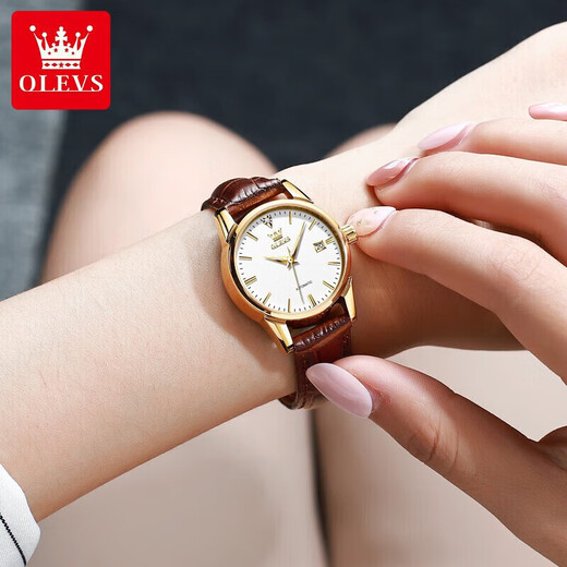 Olevs Brand Watches Women's Mechanical Watch Temperamento simple Watch Women's Women's Luminoso Hollow Hollow Diamond Diamond Set Watch Women's 6629 mejorado Versión mejorada de cuero marrón