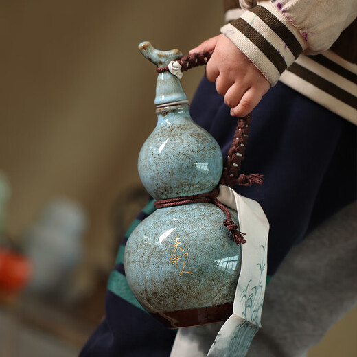 Miaopule high-end Tianmingren gourd wine bottle kettle, ancient style white wine ceramics, old-fashioned household men's national style, dark blue Tianmingren gourd + hand-held streamer + crossbody bell