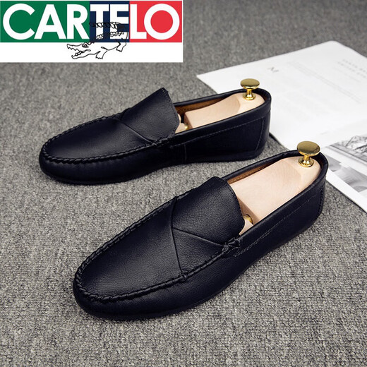 CARTELO leather shoes men's summer breathable thin men's shoes 2025 men's beanie shoes British style casual and trendy shoes D829 black 40