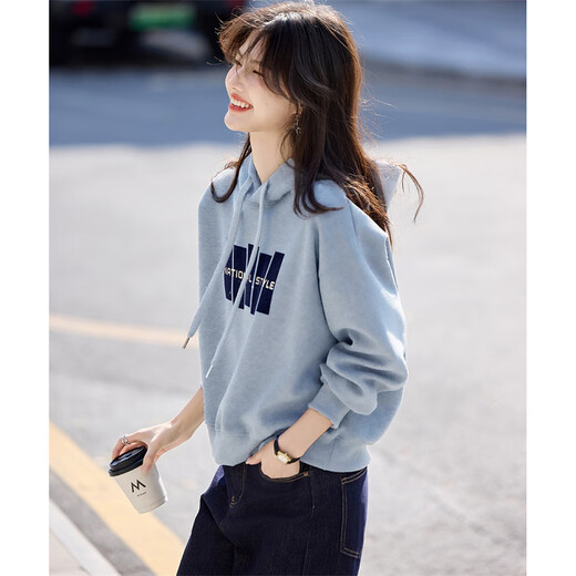 Shangjing Letter Color Block Hooded Sweatshirt Women's 2025 Autumn New Loose Casual Versatile Drawstring Top Blue L