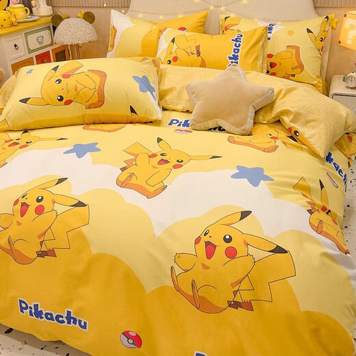 Enxing Pikachu cotton bed four-piece set 100 pure cotton Pokémon bedding children's quilt cover sheet three-piece fitted sheet set 4 Cotton Pokémon-Baby Pikachu Pokémon Genuine IP 100% cotton 1.8m bed sheet style four-piece set-quilt cover 200*230cm