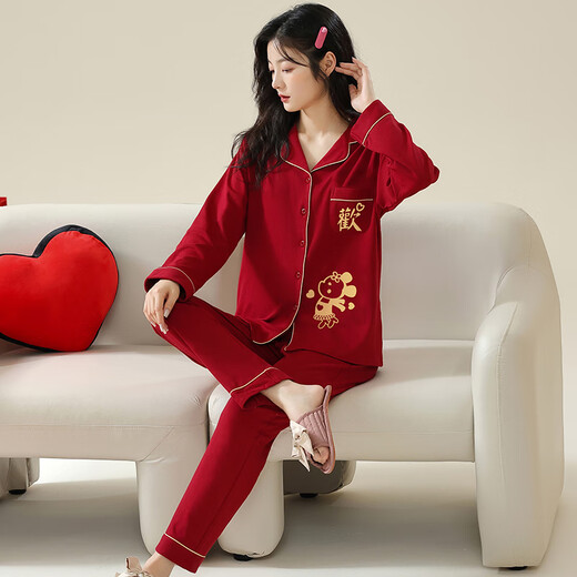 LangSha Wedding Pajamas Couple Outfits One Man and One Woman Pure Cotton Red Spring and Autumn Cotton Festive High-Level Home Clothing Set 3307 Love Launch M Female + 2XL Male