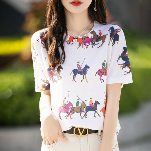 HMRSV mulberry silk short-sleeved T-shirt for women 2025 summer new casual fashion design cool sense horse print top trendy Gunma horse picture print 848 L