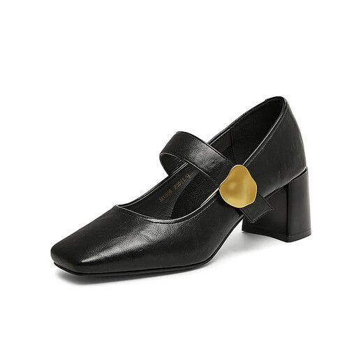 百思图25春复古玛丽珍鞋粗跟方头女单鞋M1509AQ5 黑色 34
