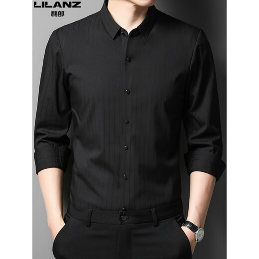 Lilang men's long-sleeved shirt spring and autumn no-iron anti-wrinkle shirt young and middle-aged winter velvet striped casual formal wear black 5580 velvet L 170