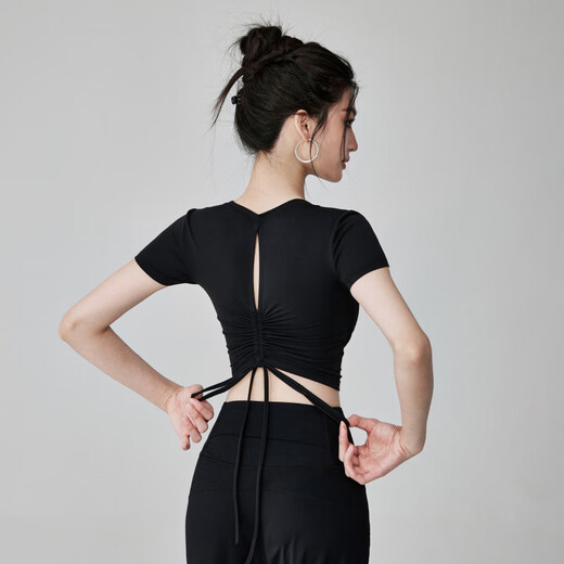 LULULMCCTN with chest pad yoga short-sleeved women's professional Pilates training running sports top fitness T-shirt black long-sleeved M