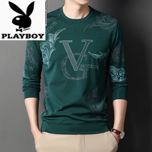 花花公子（PLAYBOY）男士春夏季冰丝长袖t恤薄款圆领2024新款中年男免烫打底衫体恤潮 蓝色6627 180/2XL