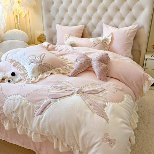 Tao Crystal Light Luxury Class A Thickened Milk Velvet Appliqué Embroidered Four-piece Baby Velvet Bedsheet Quilt Cover Princess Girl Warm Bedding Bow-Pink Class A 9Jin Jin is equal to 0.5kg. Free pillows on both sides. 1.8m bed sheet. Quilt cover 200*230