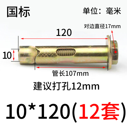Jingxuan national standard external hexagonal internal expansion screw floor expansion deceleration belt explosion internal forced built-in expansion bolt m6m8 10*120 (12 pieces)