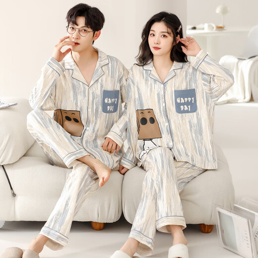 俊俊穗迪美（JUNJUNSUIDIMEI）2套价 情侣睡衣女长袖春秋季薄款纯棉卡通女士男士开衫家居服套装 长-GEY-757 M 女+男XL
