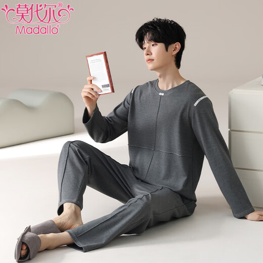 Modalga Large-Size-Baumwollpyjamas für Männer Frühling und Herbst Neue Pullover runden Hals mittleren Alters und junge Männer lässig einfache lose Hauskleidung 9901 L 100-130jin [Jin ist 0,5 kg]