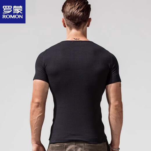 ROMON Henry shirt men's short-sleeved T-shirt Henry collar American retro heavyweight cotton tight slim short-sleeved bottoming shirt spring and autumn black (short-sleeved) T1781 M 90-Jin Jin equals 0.5 kg