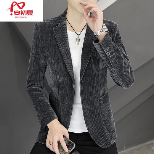 An Chuxia Spring and Autumn Men's Suit Jacket Korean Style Slim Corduroy Suit Men's Trendy Handsome Casual Single Suit Top Gray XL