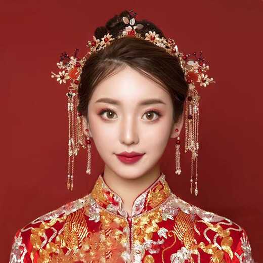 Tongrubi tiara bride Xiuhe Xiuhe clothing new phoenix crown female Chinese wedding golden hair accessories atmospheric wedding flow No. 2 tiara + ear acupuncture + gift box