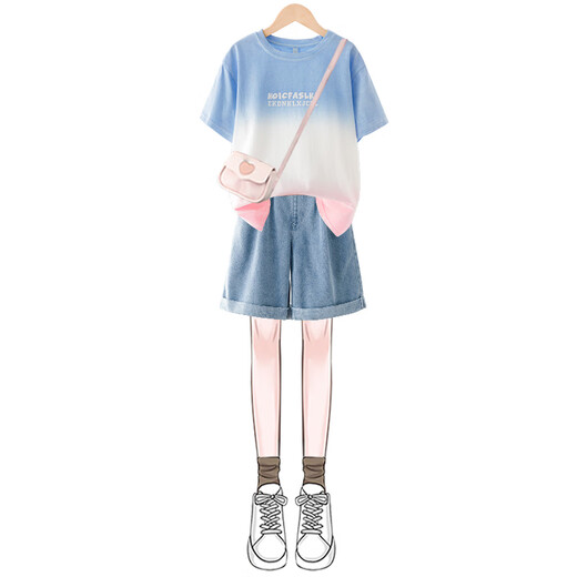 Yoyo One Set für Mädchen 2025 Neues Sommer Dopamine Kurzärärmelte Big Children's Trendy und Cool Outfit für modische zweiteilige Sommer-Set 1428 Blue + 18897 Blue Gradient Pink 140 140 cm