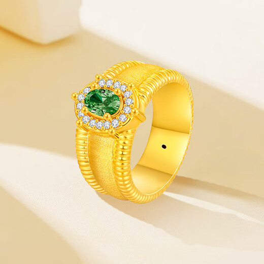 Mengjinyuan Gold Ring Ancient Pigeon Egg Gold Ring Hand-Inlaid Green Zirconium Design Birthday Gift No. 16 - Net Gold Weight Approximately 8.15g