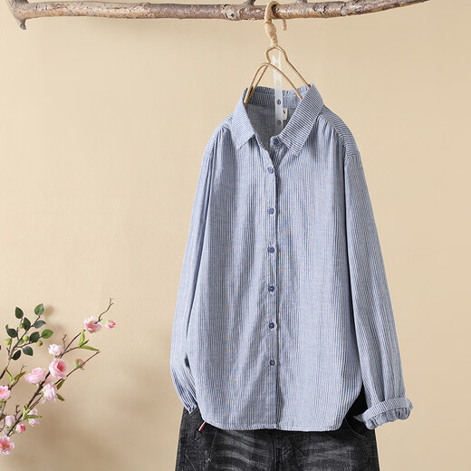 HIPPATIA100%纯棉衬衫狐狸刺绣条纹女双层长袖宽松春秋文艺小清新打底衬衣 浅灰色 w6623 M