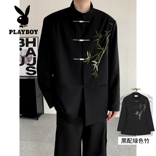 Playboy (PLAYBOY) new Chinese style men's engagement suit Chinese style stand collar tunic suit green bamboo embroidery boy adult dress suit wear black suit (green bamboo) XL