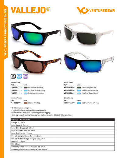 Venture Gear Anti-Fog Protective Safety Glasses Ice Blue Lenses Clear Frame Outdoor Sports