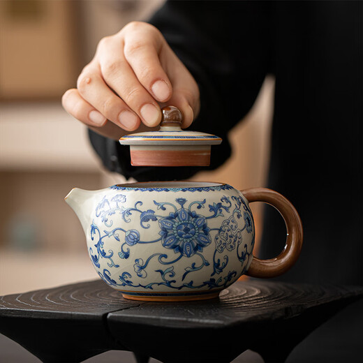 Xi Yuanji blue and white Ru Kiln Da Xi Shi teapot single tea pot single high-end household full flower gold enamel Kung Fu tea set (325ml) flowery beige Ru Kiln Da Xi Shi teapot