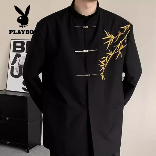 Playboy (PLAYBOY) new Chinese style men's engagement suit Chinese style stand collar tunic suit green bamboo embroidery boy adult dress suit wear black suit (green bamboo) XL