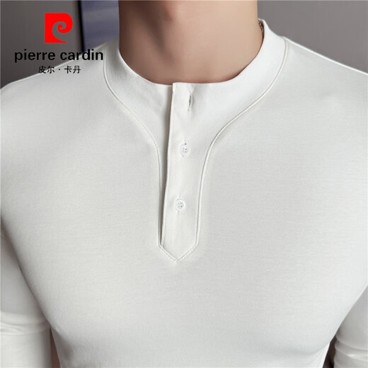 Pierre Cardin Henley collar long-sleeved T-shirt men's spring and autumn thickened slim tight bottoming shirt American retro Henley shirt with trendy black XL