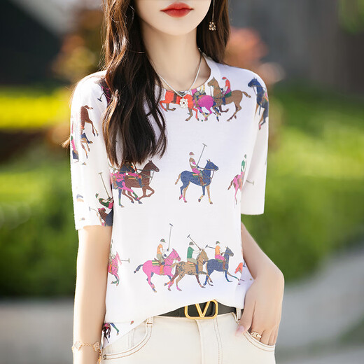 HMRSV mulberry silk short-sleeved T-shirt for women 2025 summer new casual fashion design cool sense horse print top trendy Gunma horse picture print 848 L