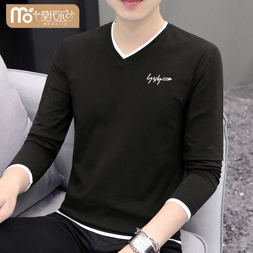 Modal Men's Long Sleeve T-Shirt 2025 New Autumn Season Contrast Color V-Neck Top Slim Fit Sweetheart Neck Bottoming T-shirt White XL 130-145Jin Jin is equal to 0.5 kg