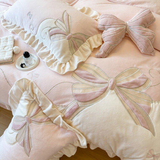 Tao Crystal Light Luxury Class A Thickened Milk Velvet Appliqué Embroidered Four-piece Baby Velvet Bedsheet Quilt Cover Princess Girl Warm Bedding Bow-Pink Class A 9Jin Jin is equal to 0.5kg. Free pillows on both sides. 1.8m bed sheet. Quilt cover 200*230
