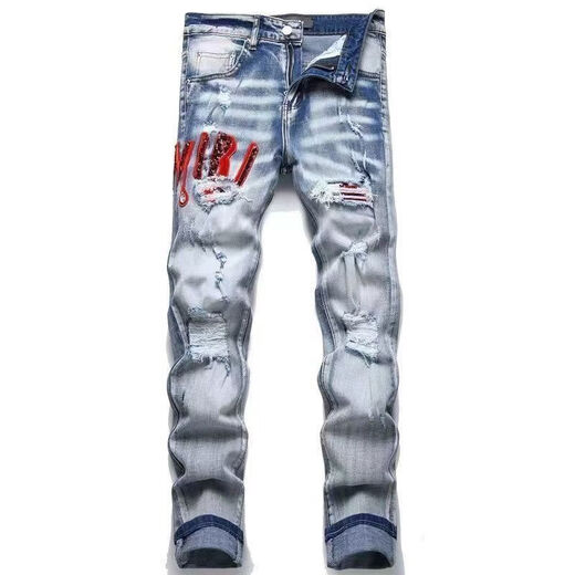 Fadenjue Emil Slim Fit Men's Jeans Lettre de broderie déchirée Patch Patch Slim Fit [de haute qualité] M724 M 95-105Jin [Jin est égal à 0,5 kg]