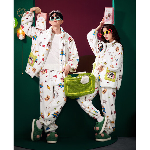 Gongdie Crayon Shin-chan joint couple's pajamas for women autumn and winter coral velvet warm men's pajamas and home clothes XYT-LBXX23763 male (white plush) 2XL (recommended 140-160 Jin Jin equals 0.5 kg)