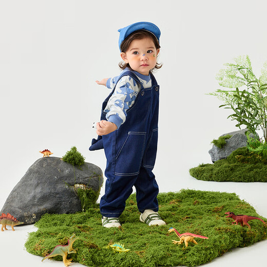 Mini Balabala overalls for boys and girls, comfortable and elastic, environmentally friendly, cute and fun, dinosaur-shaped two-piece overalls suit, blue tone 00388 90