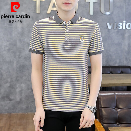 皮尔卡丹（pierre cardin）夏季男士翻领短袖polo衫潮牌衬衫领条纹刺绣t恤简约有领衣服体恤 6626灰色 XL