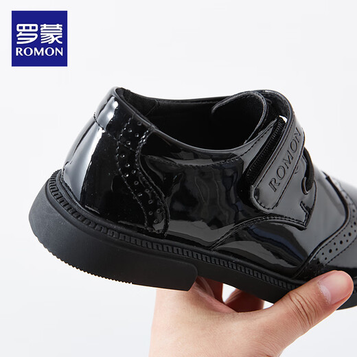 Romon boys' leather shoes black soft sole British style student performance shoes children's performance big children's suit shoes black 38
