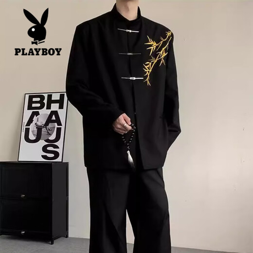 Playboy (PLAYBOY) new Chinese style men's engagement suit Chinese style stand collar tunic suit green bamboo embroidery boy adult dress suit wear black suit (green bamboo) XL
