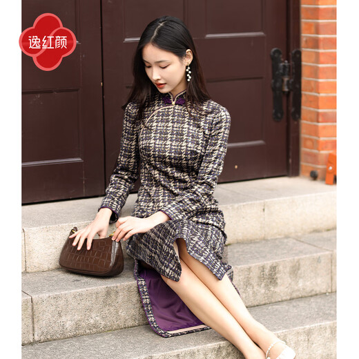 E.Beauty Jinghe 2025 Autumn New Arrival Knitted Printed Small Fragrance Style Cheongsam Retro Republic of China Women Grape Purple L One Size