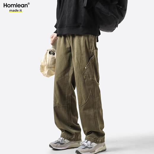 Homlean American pure cotton casual pants men's spring and summer niche trendy brand retro loose workwear long pants HS60 Khaki XL