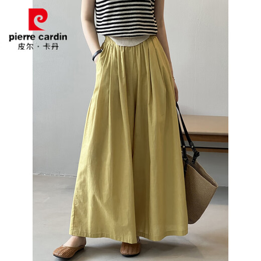 KUZHANG Pantalon droit en lin coréen à jambes larges pour femmes printemps et été taille élastique grand ourlet pantalon long décontracté 9737 Jaune M