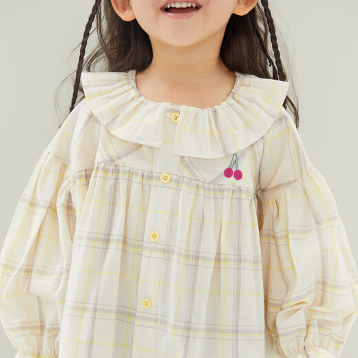 Papa crawling spring children's shirt girls ruffle collar plaid long-sleeved top sweet and cute beige 100 cm