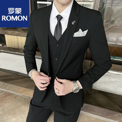 ROMON suit men's three-piece formal suit professional small suit tailoring groom groomsman wedding casual large size dress lake blue suit + pants tie S