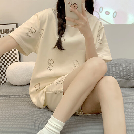 GTYUWVG pajamas for women in summer short-sleeved cartoon cute rabbit 2025 spring and summer Korean round neck home clothing set 1048 purple rabbit M Recommended weight 75-95 Jin [Jin equals 0.5 kg]